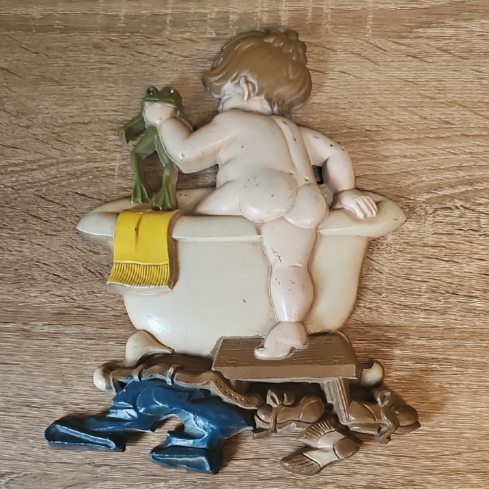 Decorative Wall Art: Cherub Bathtub with Frog - White & Multicolor 1970 Vintage